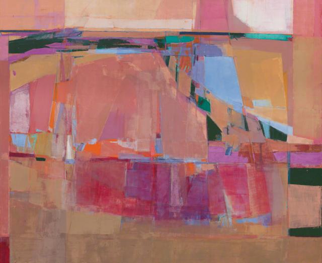 Abstract painting with mostly pink and peach colored shapes