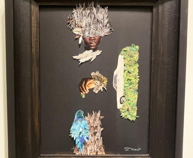 Collage with flowers on a black background and black frame