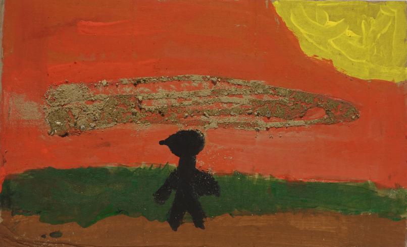A sandy cloud and sun above the silhouette of a person.